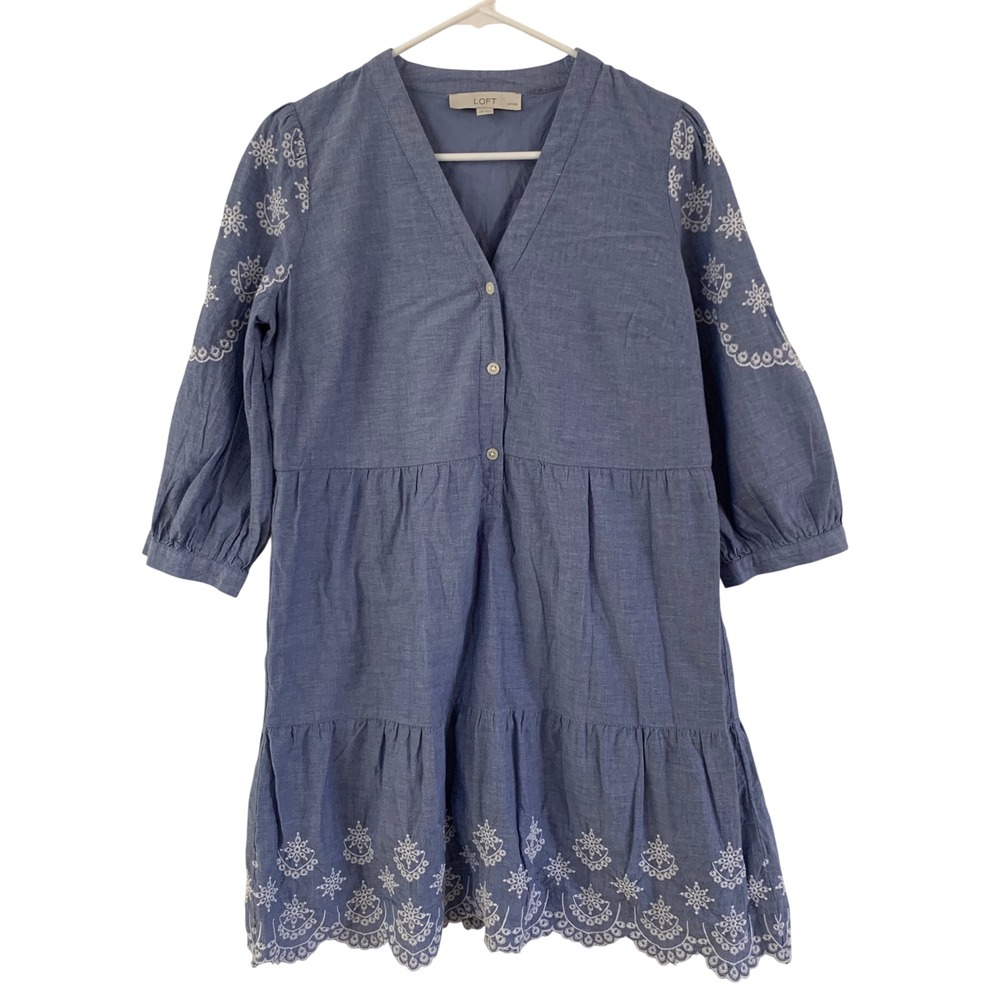 LOFT Petites Blue Cotton Embroidered Tiered Mini Dress 3/4‎ Sleeve MP SP23 70419